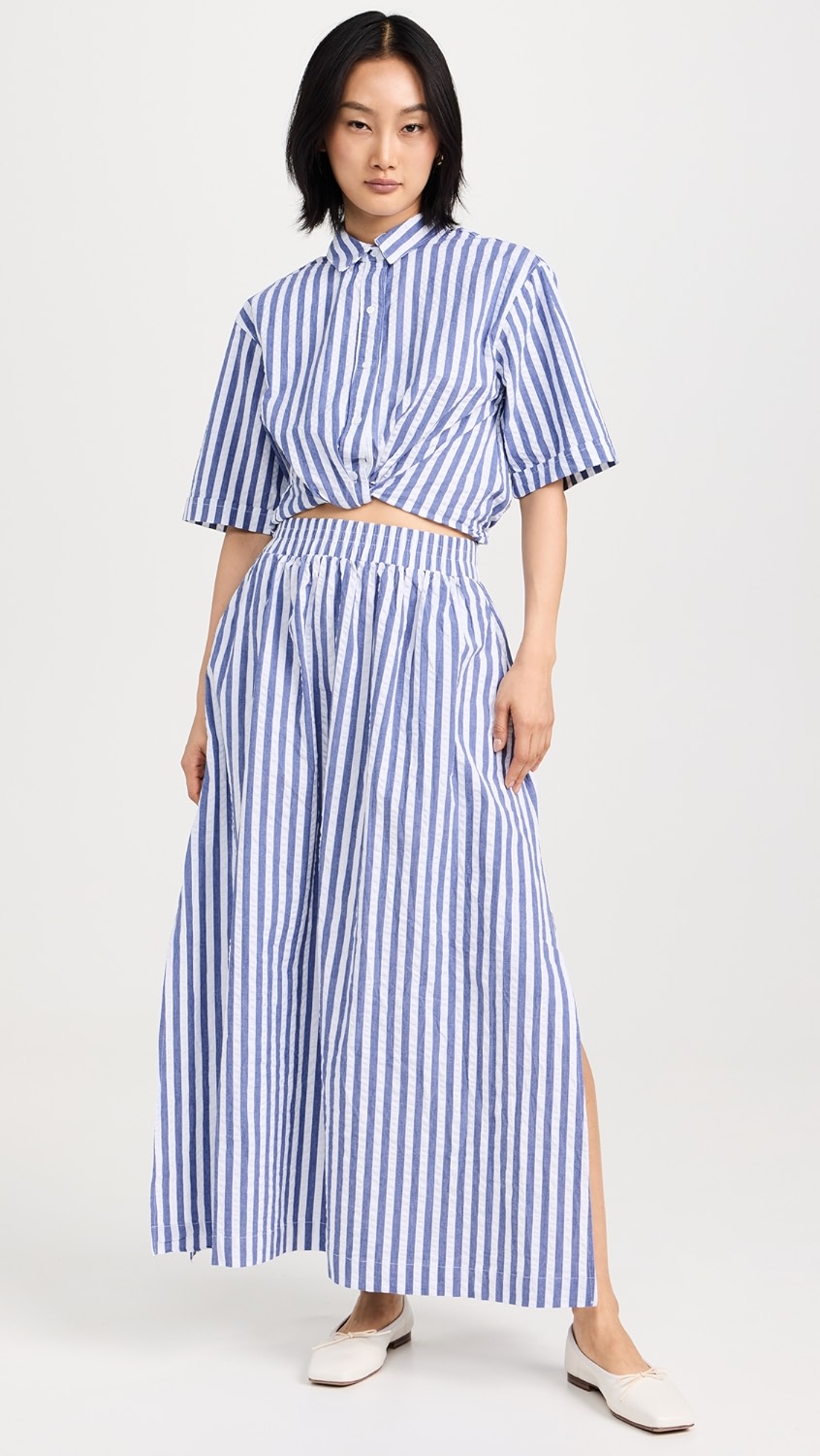 Puckered Stripe Double Slit Maxi Skirt- Navy Stripe