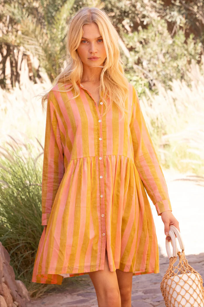 Long Sleeve Shirt Mini Dress- Cabana Coral