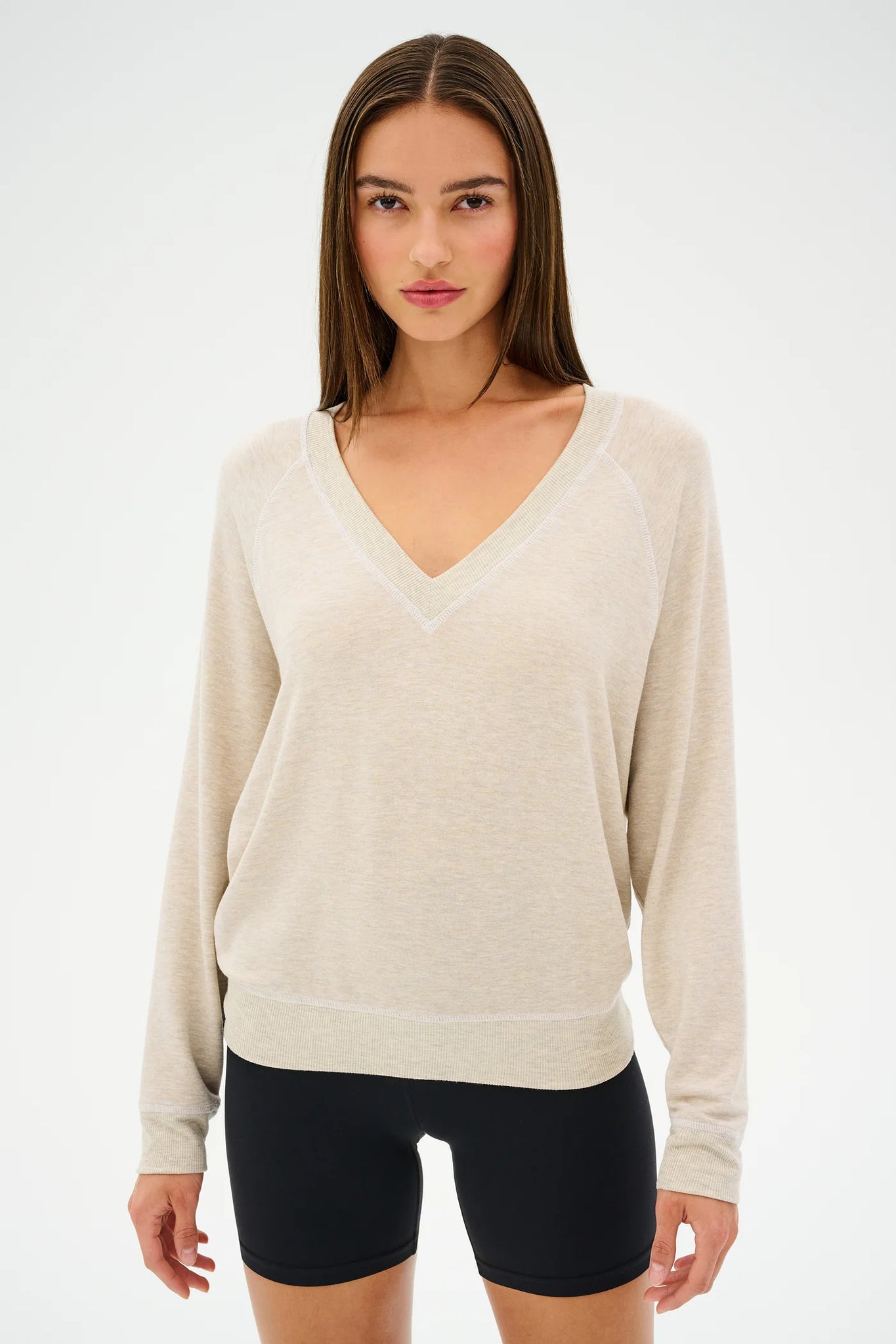 Bennie Fleece V-Neck Sweatshirt- Heather Oatmeal