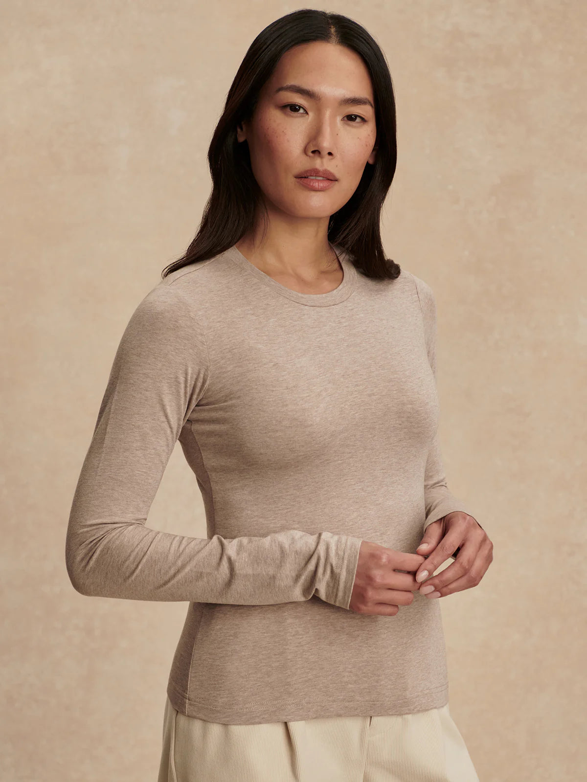 Edna Long Sleeve Fitted Tee- Taupe Marl