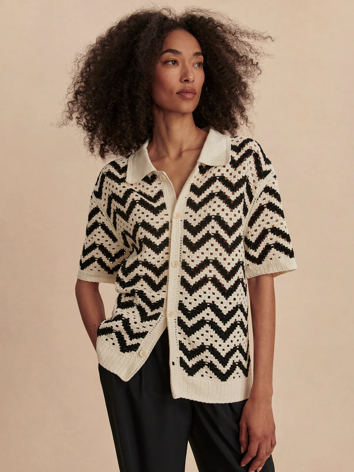 Anais Crochet Polo Shirt- Birch