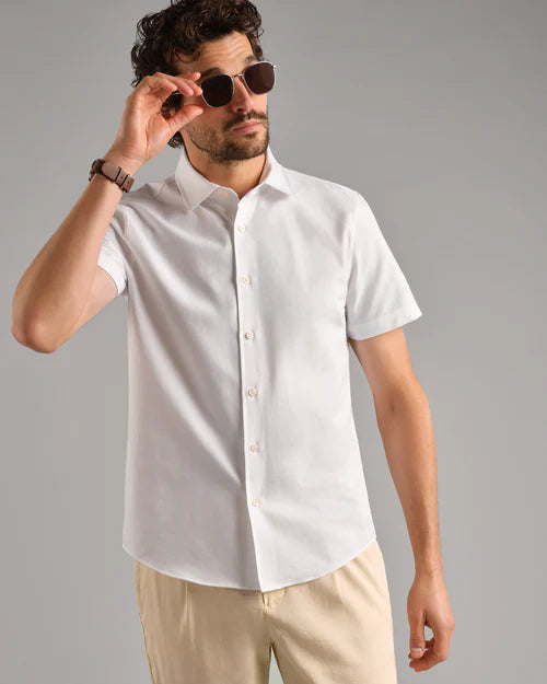 Brezza Linen-Blend Short Sleeve Shirt- Bright White