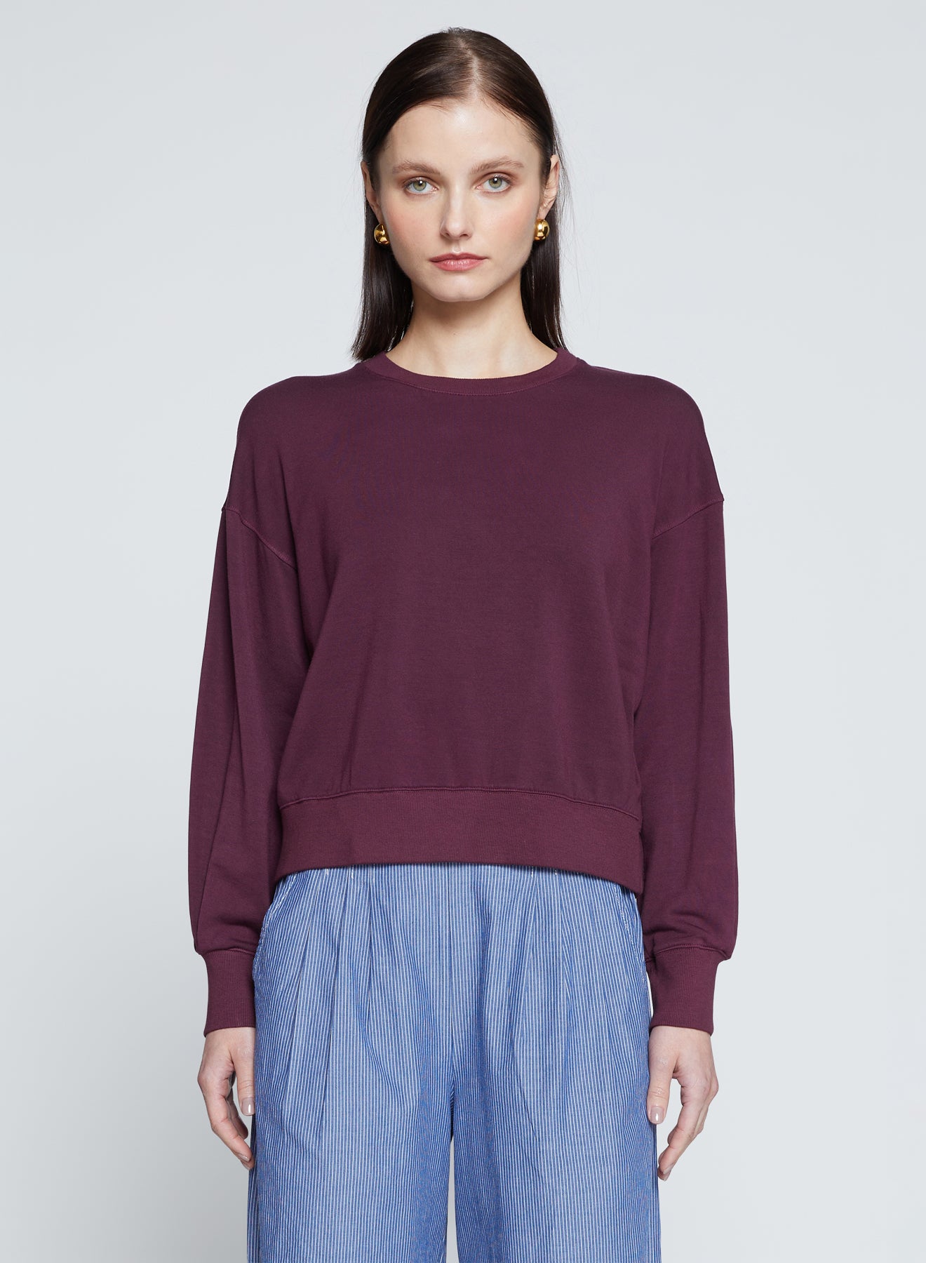 Softest Fleece Cropped Pleated Pullover- Cherry Liquor