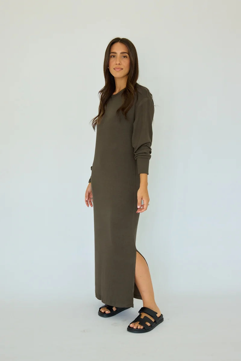 The Ribbed Midi Long Sleeve Dress- Olive