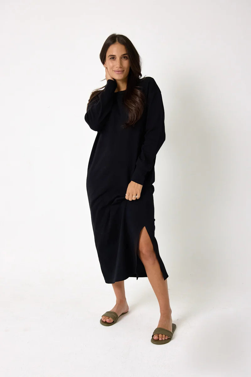 The Ribbed Midi Long Sleeve Dress- Black