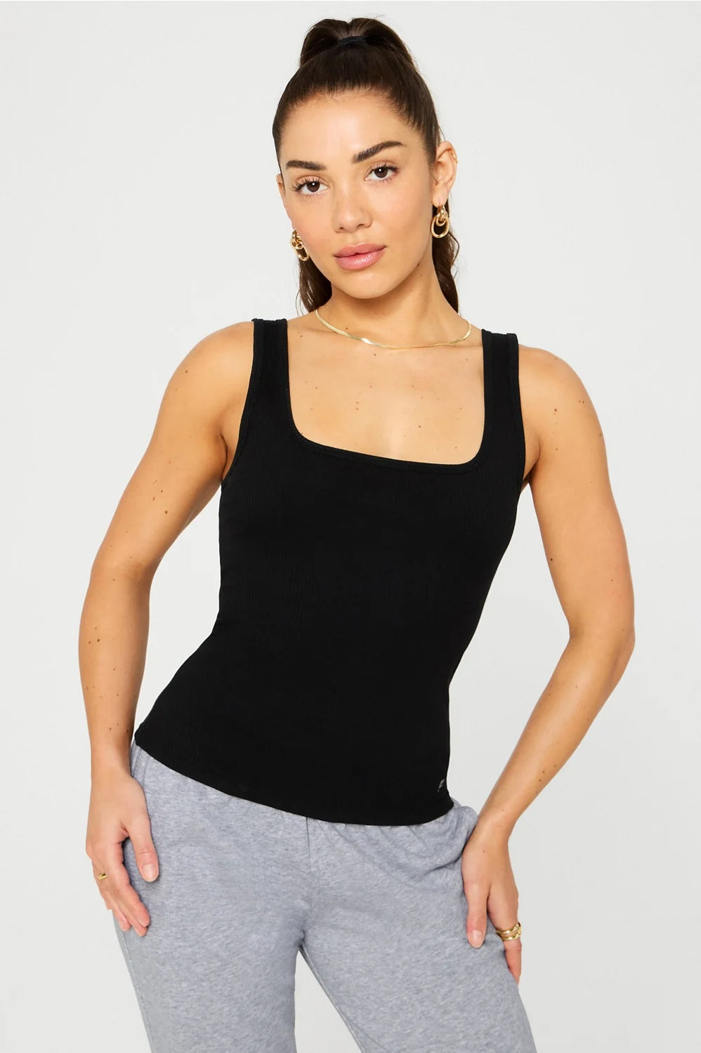 Daily Rib Square Neck Tank- Black