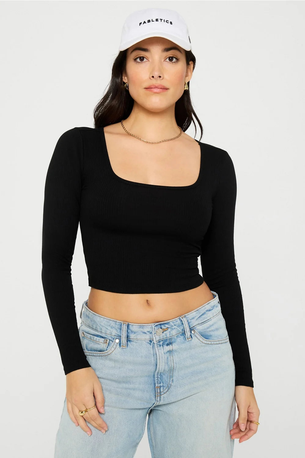 Daily Rib Cropped Square Neck Long Sleeve- Black
