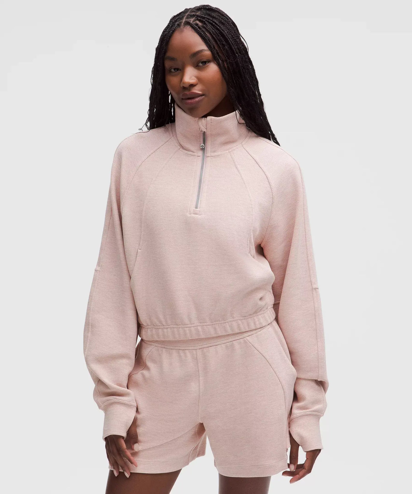 Scuba Cropped Funnel-Neck Half Zip *Waffle- Heathered Mink Berry