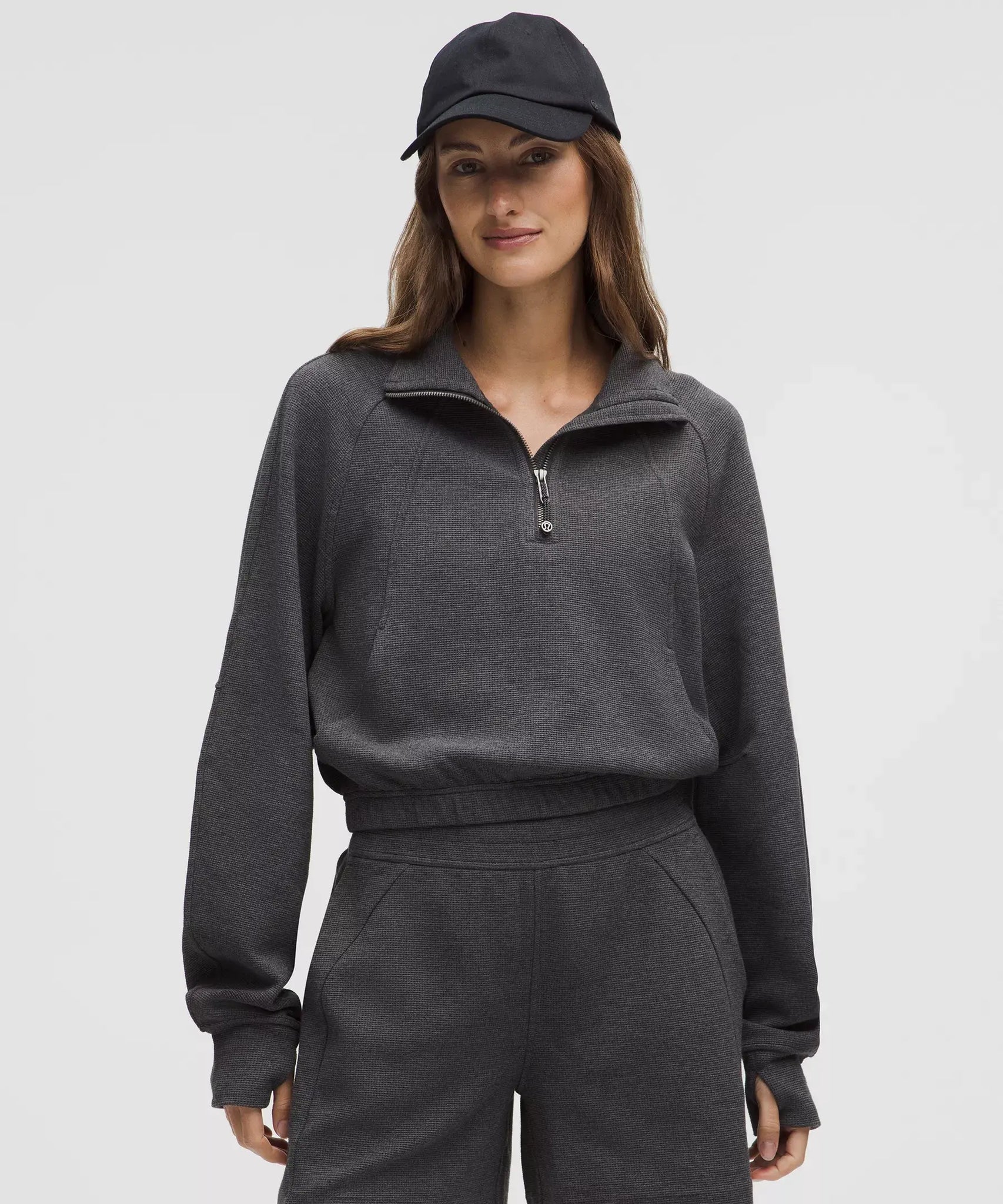 Scuba Cropped Funnel-Neck Half Zip *Waffle- Heathered Graphite Grey
