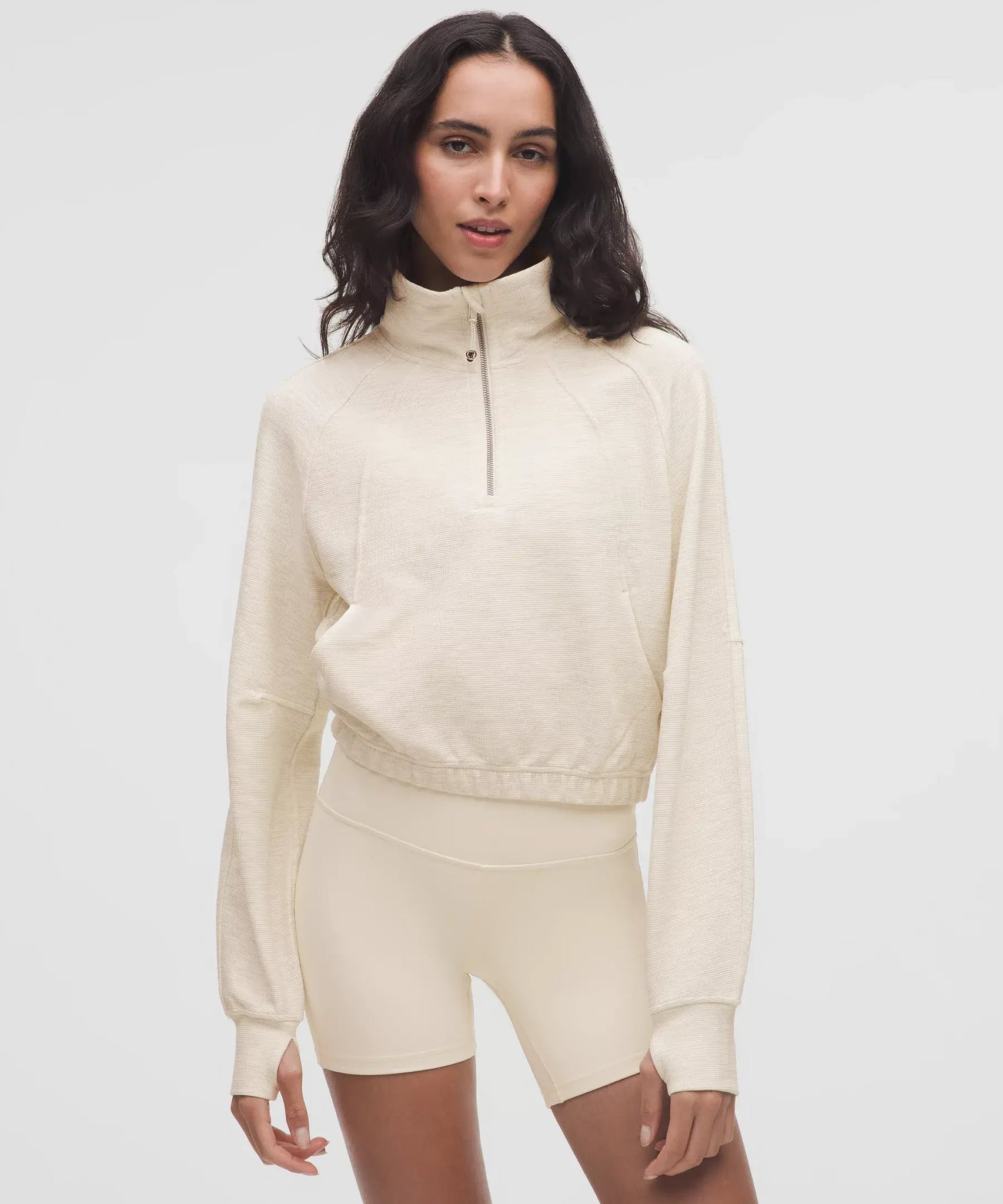 Scuba Cropped Funnel-Neck Half Zip *Waffle- Heathered Light Ivory