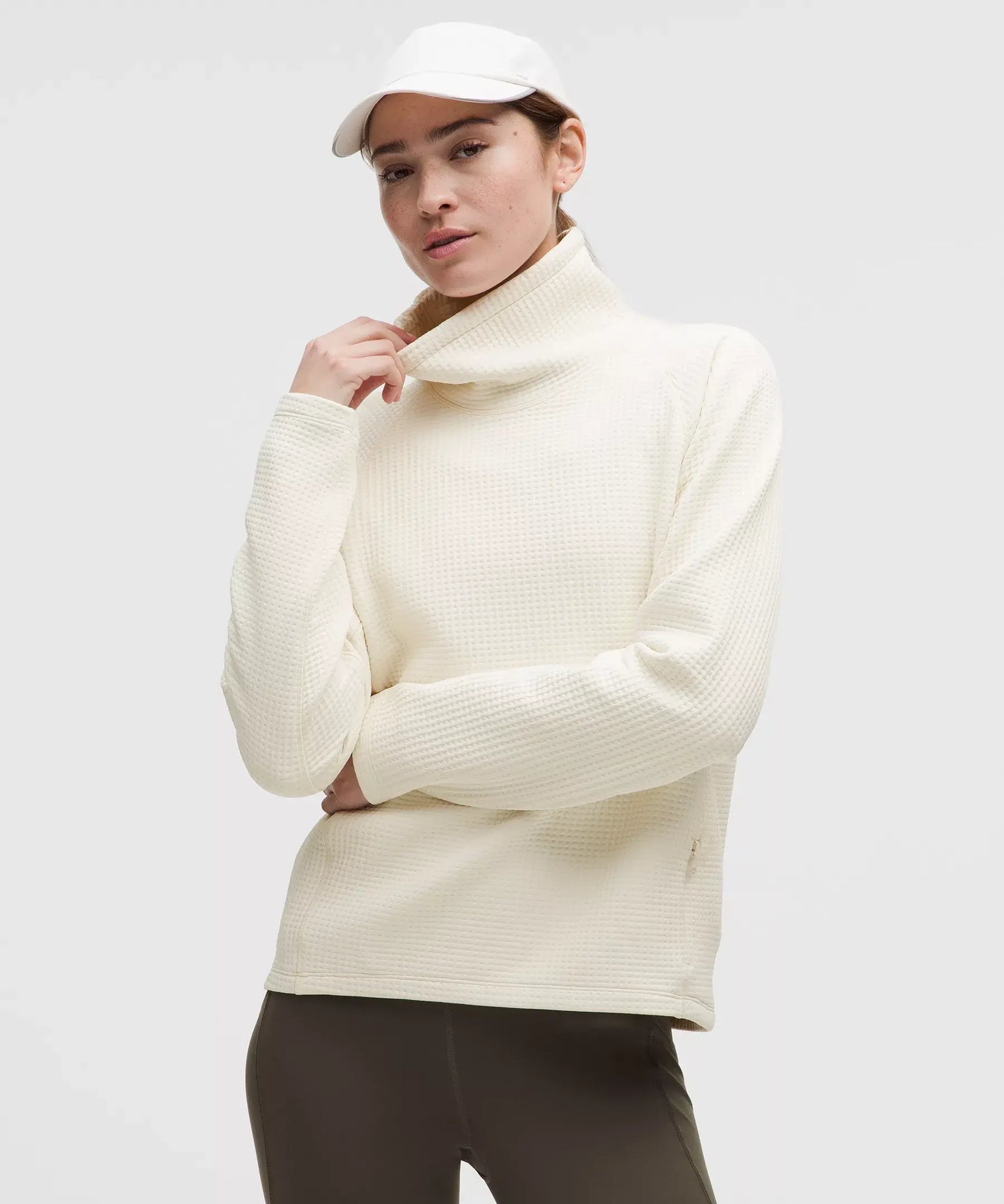 Waffle-Knit Funnel-Neck Long-Sleeve Shirt- Light Ivory